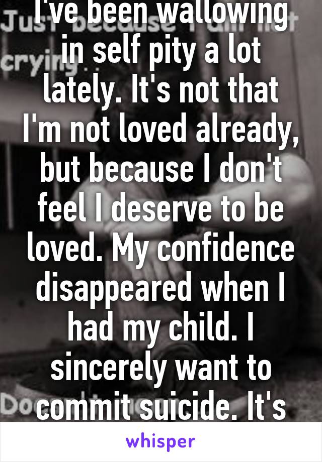 I've been wallowing in self pity a lot lately. It's not that I'm not loved already, but because I don't feel I deserve to be loved. My confidence disappeared when I had my child. I sincerely want to commit suicide. It's too much for me