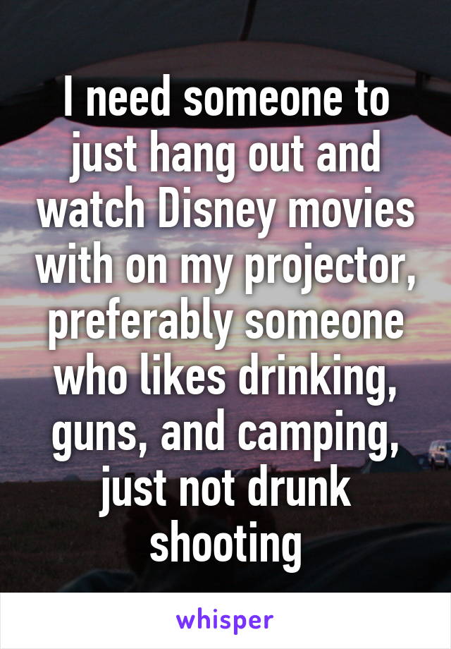 I need someone to just hang out and watch Disney movies with on my projector, preferably someone who likes drinking, guns, and camping, just not drunk shooting