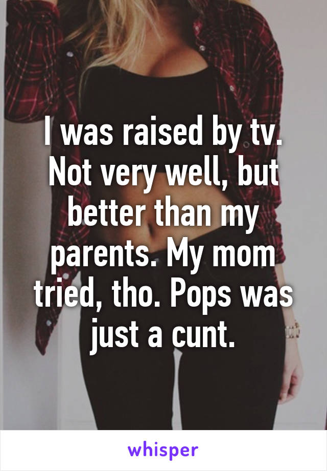 I was raised by tv. Not very well, but better than my parents. My mom tried, tho. Pops was just a cunt.