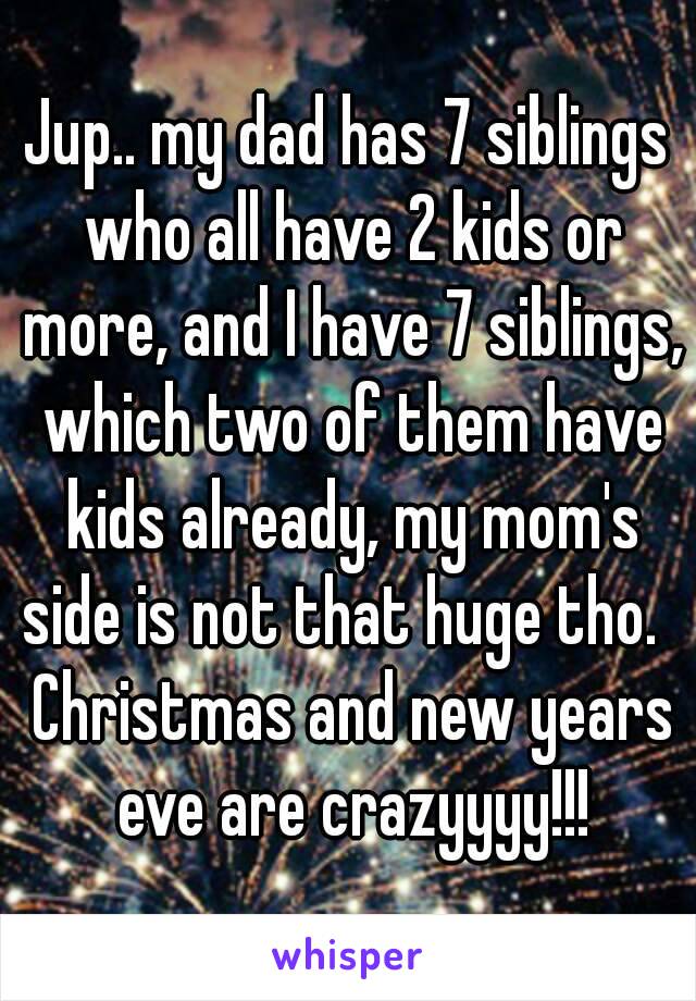 Jup.. my dad has 7 siblings who all have 2 kids or more, and I have 7 siblings, which two of them have kids already, my mom's side is not that huge tho.   Christmas and new years eve are crazyyyy!!!