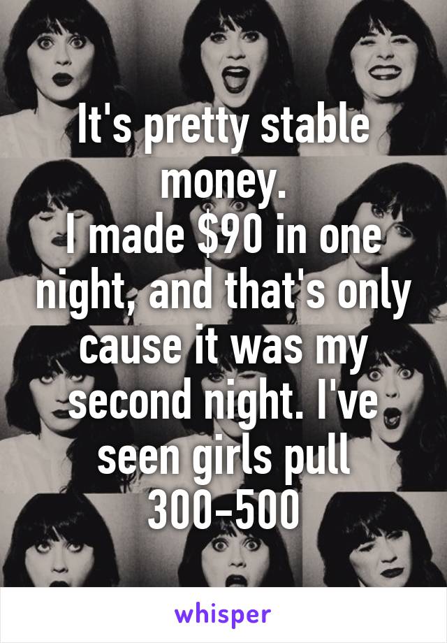 It's pretty stable money.
I made $90 in one night, and that's only cause it was my second night. I've seen girls pull 300-500