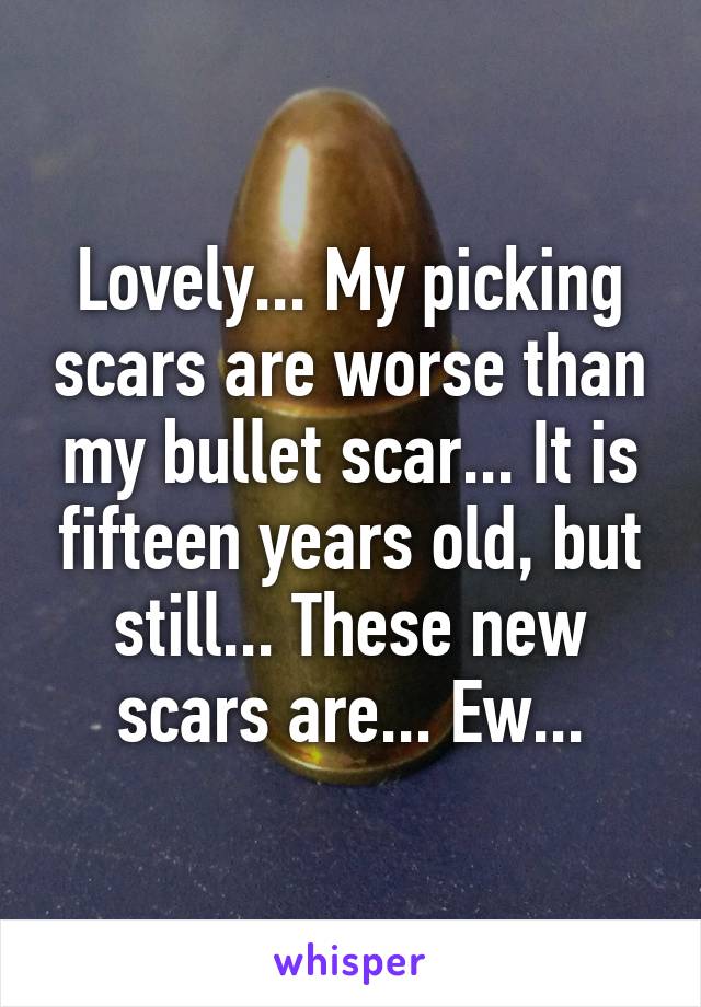 Lovely... My picking scars are worse than my bullet scar... It is fifteen years old, but still... These new scars are... Ew...