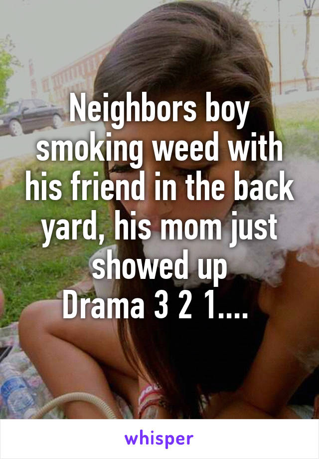 Neighbors boy smoking weed with his friend in the back yard, his mom just showed up
Drama 3 2 1.... 
