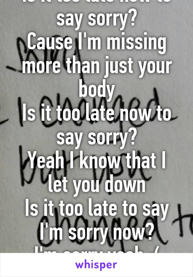 Is it too late now to say sorry?
Cause I'm missing more than just your body
Is it too late now to say sorry?
Yeah I know that I let you down
Is it too late to say I'm sorry now?
I'm sorry yeah :(
