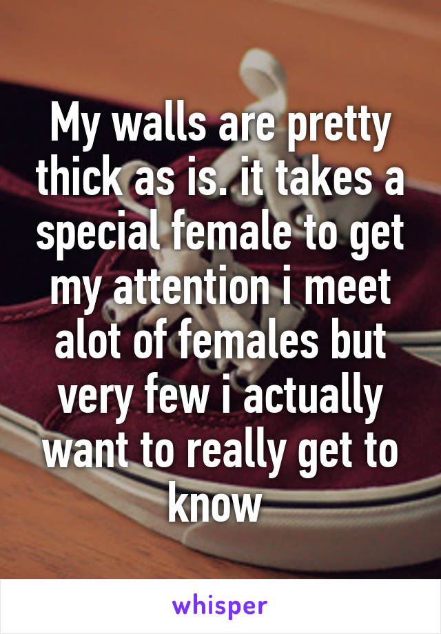 My walls are pretty thick as is. it takes a special female to get my attention i meet alot of females but very few i actually want to really get to know 