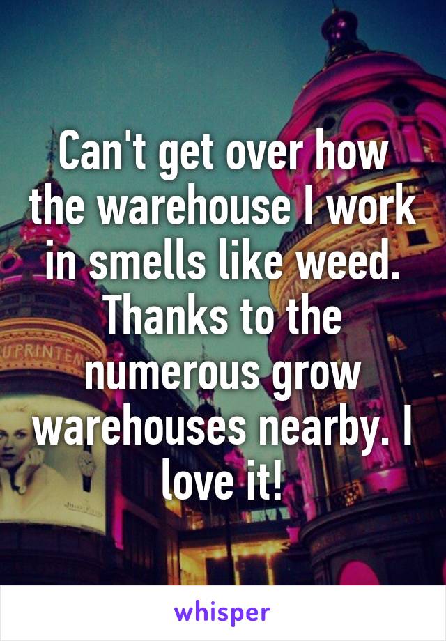 Can't get over how the warehouse I work in smells like weed. Thanks to the numerous grow warehouses nearby. I love it!