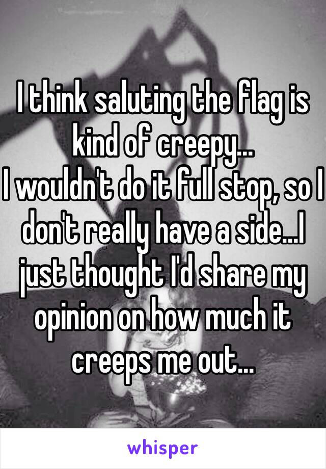 I think saluting the flag is kind of creepy...
I wouldn't do it full stop, so I don't really have a side...I just thought I'd share my opinion on how much it creeps me out...