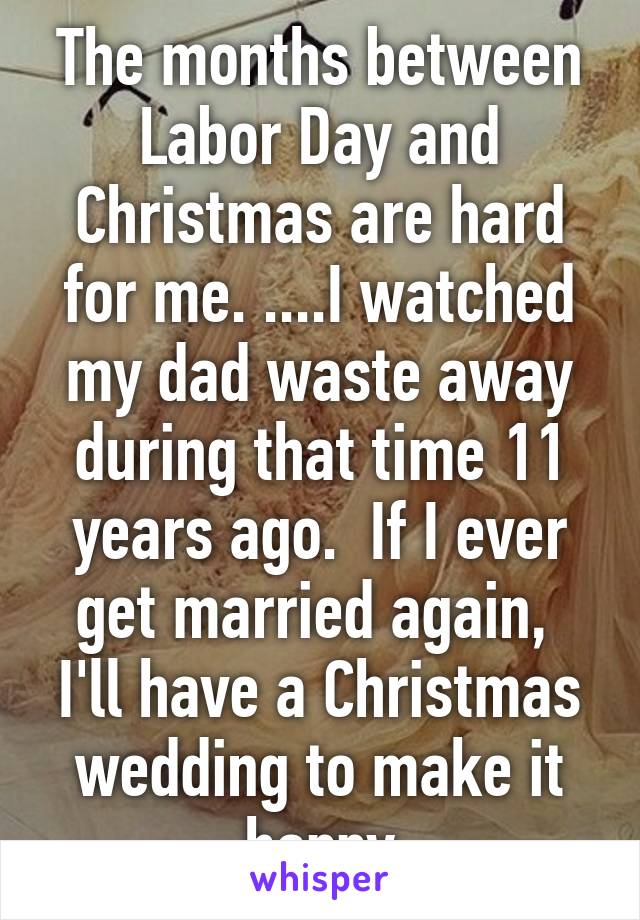 The months between Labor Day and Christmas are hard for me. ....I watched my dad waste away during that time 11 years ago.  If I ever get married again,  I'll have a Christmas wedding to make it happy