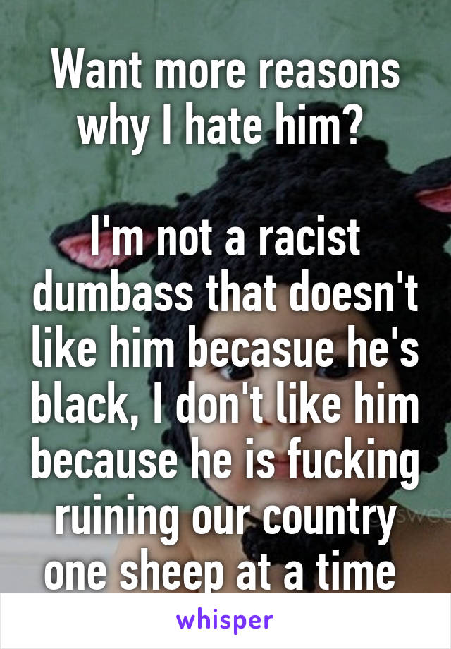 Want more reasons why I hate him? 

I'm not a racist dumbass that doesn't like him becasue he's black, I don't like him because he is fucking ruining our country one sheep at a time 