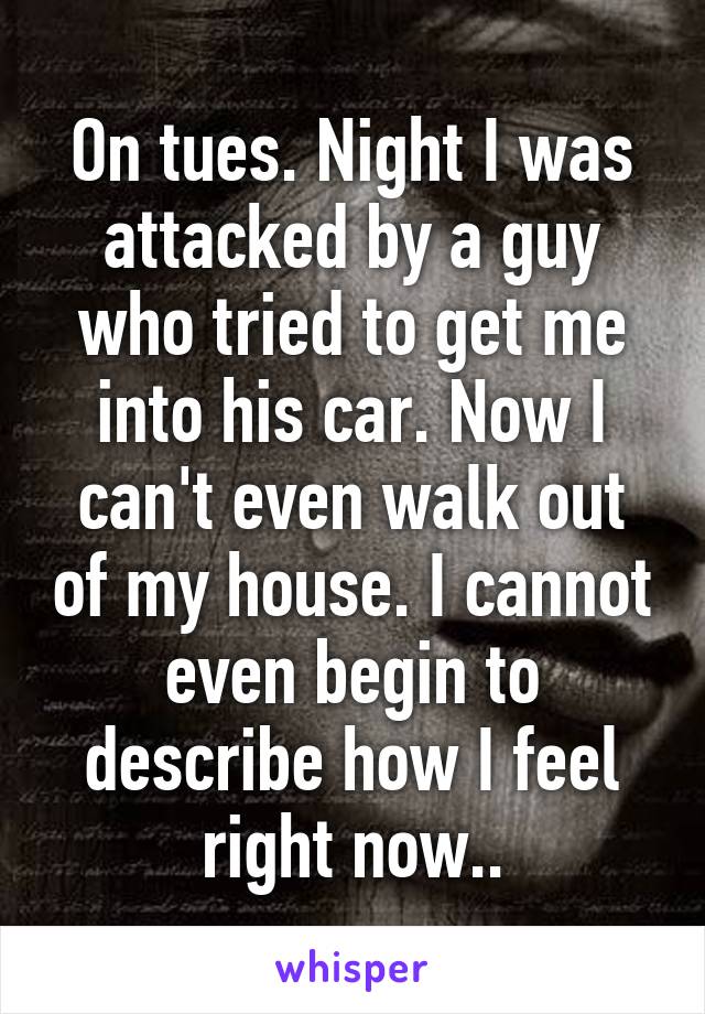 On tues. Night I was attacked by a guy who tried to get me into his car. Now I can't even walk out of my house. I cannot even begin to describe how I feel right now..