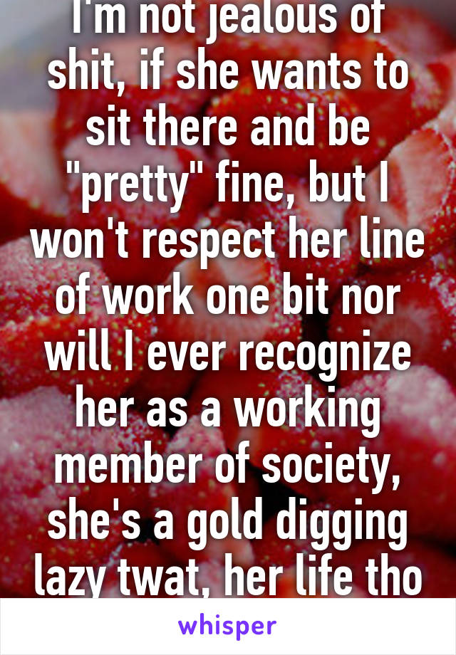 I'm not jealous of shit, if she wants to sit there and be "pretty" fine, but I won't respect her line of work one bit nor will I ever recognize her as a working member of society, she's a gold digging lazy twat, her life tho so not my problem :)