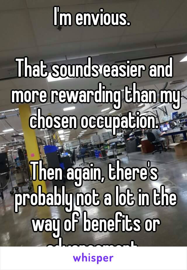 I'm envious. 

That sounds easier and more rewarding than my chosen occupation. 

Then again, there's probably not a lot in the way of benefits or advancement. 