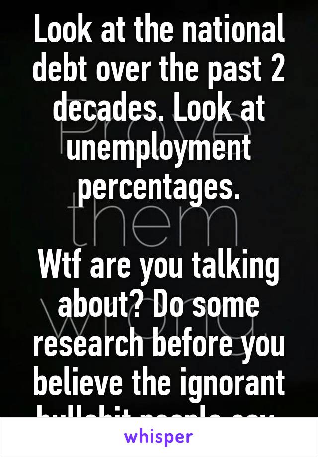 Look at the national debt over the past 2 decades. Look at unemployment percentages.

Wtf are you talking about? Do some research before you believe the ignorant bullshit people say.
