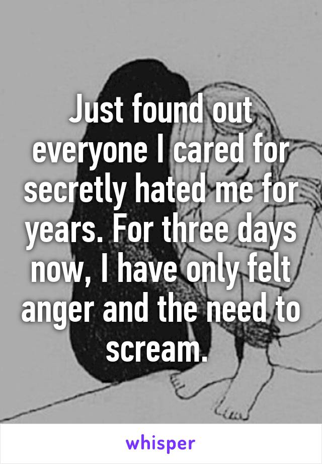 Just found out everyone I cared for secretly hated me for years. For three days now, I have only felt anger and the need to scream. 