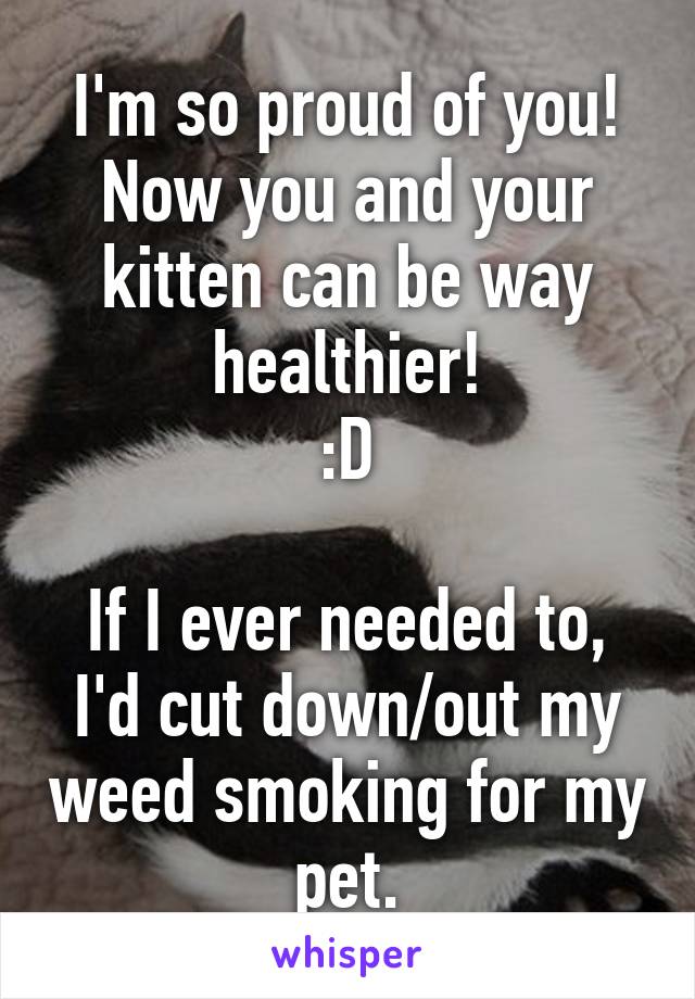 I'm so proud of you! Now you and your kitten can be way healthier!
:D

If I ever needed to, I'd cut down/out my weed smoking for my pet.