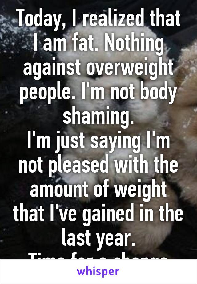 Today, I realized that I am fat. Nothing against overweight people. I'm not body shaming.
I'm just saying I'm not pleased with the amount of weight that I've gained in the last year.
Time for a change