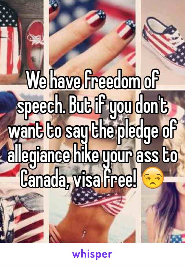 We have freedom of speech. But if you don't want to say the pledge of allegiance hike your ass to Canada, visa free! 😒