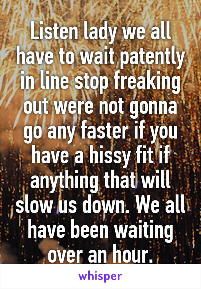 Listen lady we all have to wait patently in line stop freaking out were not gonna go any faster if you have a hissy fit if anything that will slow us down. We all have been waiting over an hour.