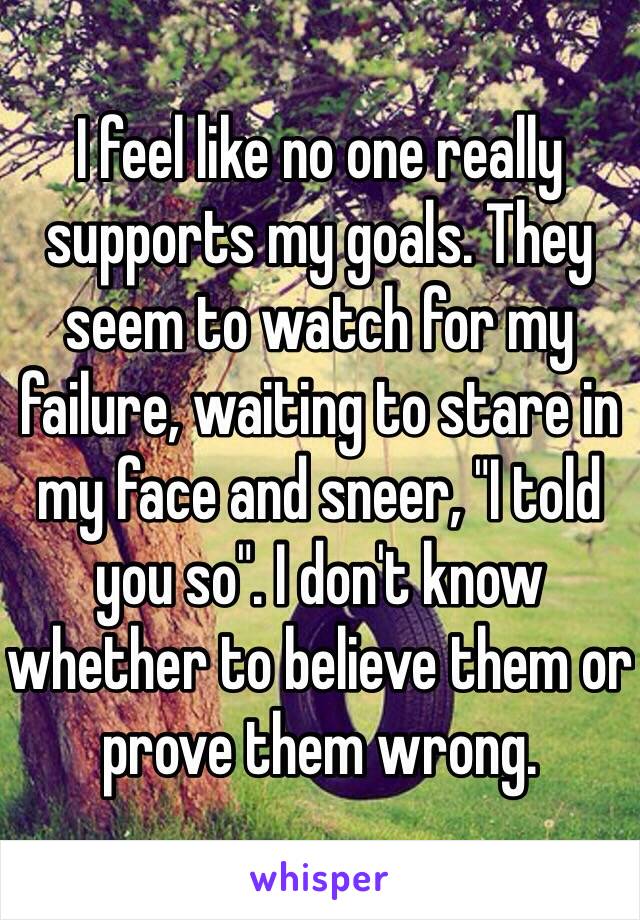 I feel like no one really supports my goals. They seem to watch for my failure, waiting to stare in my face and sneer, "I told you so". I don't know whether to believe them or prove them wrong. 