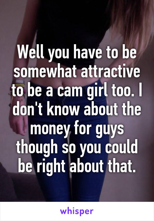 Well you have to be somewhat attractive to be a cam girl too. I don't know about the money for guys though so you could be right about that.