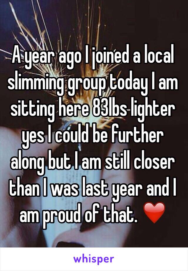 A year ago I joined a local slimming group today I am sitting here 83lbs lighter yes I could be further along but I am still closer than I was last year and I am proud of that. ❤️