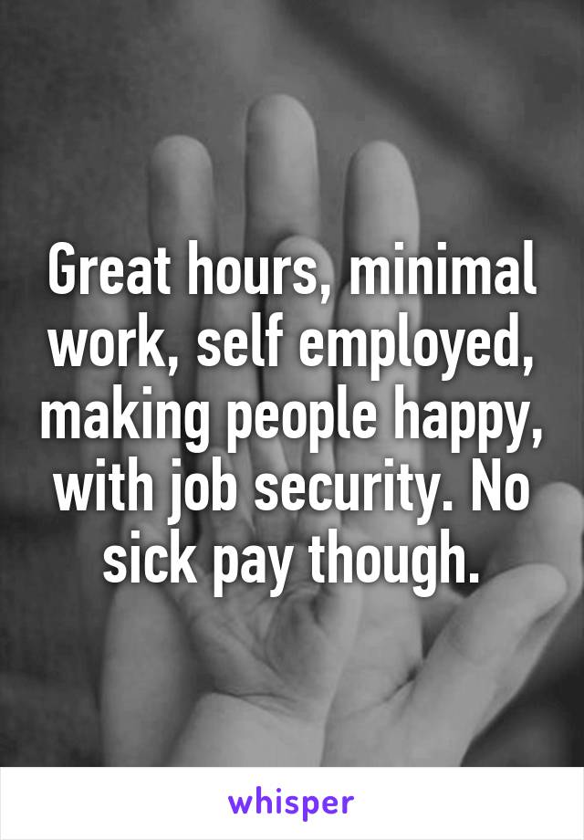 Great hours, minimal work, self employed, making people happy, with job security. No sick pay though.