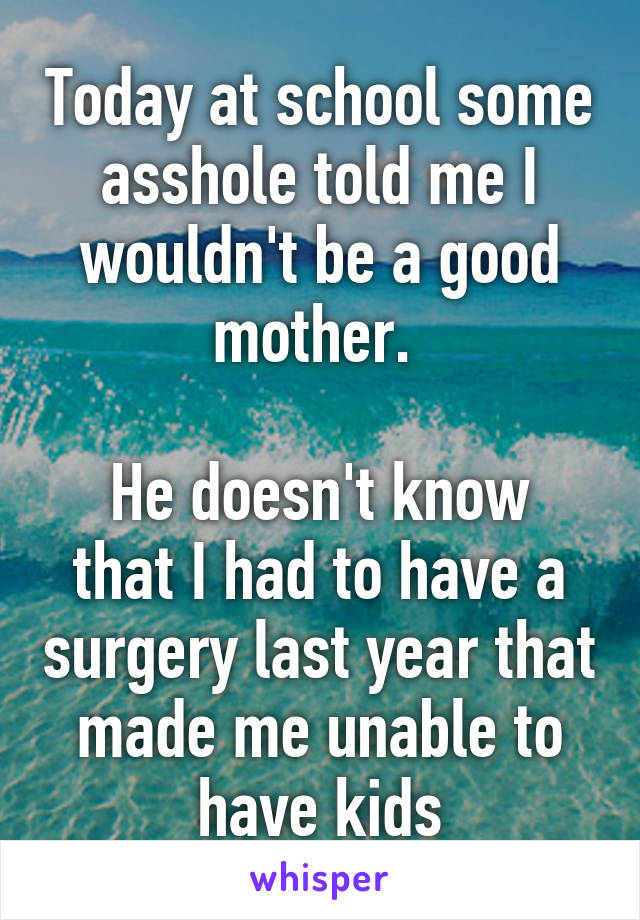 Today at school some asshole told me I wouldn't be a good mother. 

He doesn't know that I had to have a surgery last year that made me unable to have kids