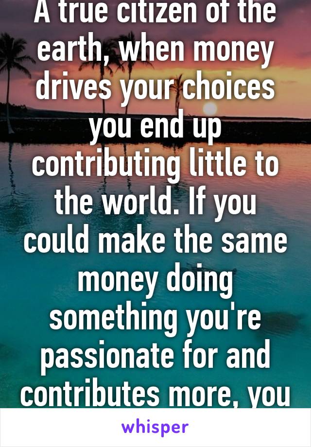 A true citizen of the earth, when money drives your choices you end up contributing little to the world. If you could make the same money doing something you're passionate for and contributes more, you migh.