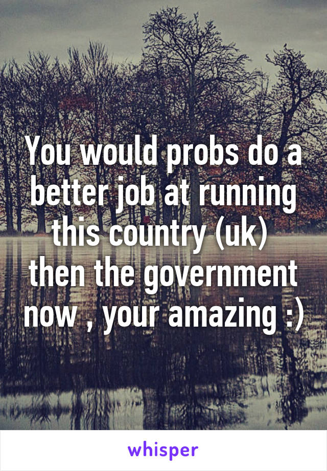 You would probs do a better job at running this country (uk)  then the government now , your amazing :)