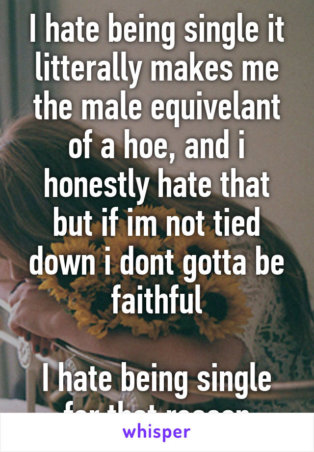 I hate being single it litterally makes me the male equivelant of a hoe, and i honestly hate that but if im not tied down i dont gotta be faithful

I hate being single for that reason