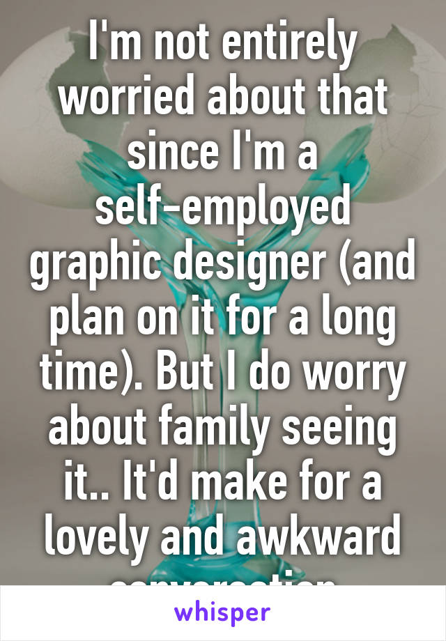 I'm not entirely worried about that since I'm a self-employed graphic designer (and plan on it for a long time). But I do worry about family seeing it.. It'd make for a lovely and awkward conversation