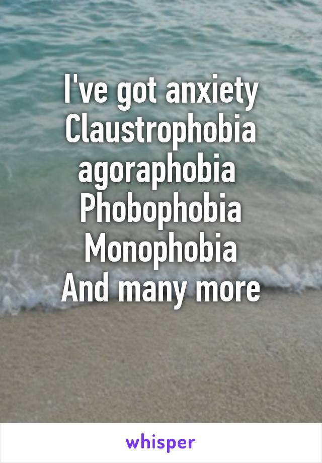 I've got anxiety
Claustrophobia
agoraphobia 
Phobophobia
Monophobia
And many more

