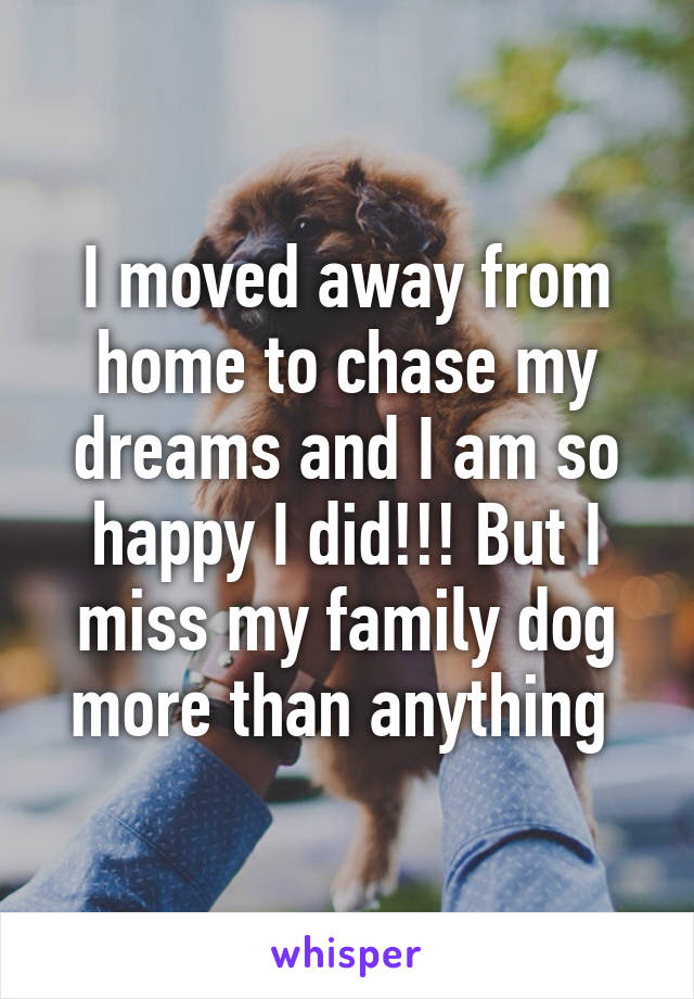 I moved away from home to chase my dreams and I am so happy I did!!! But I miss my family dog more than anything 