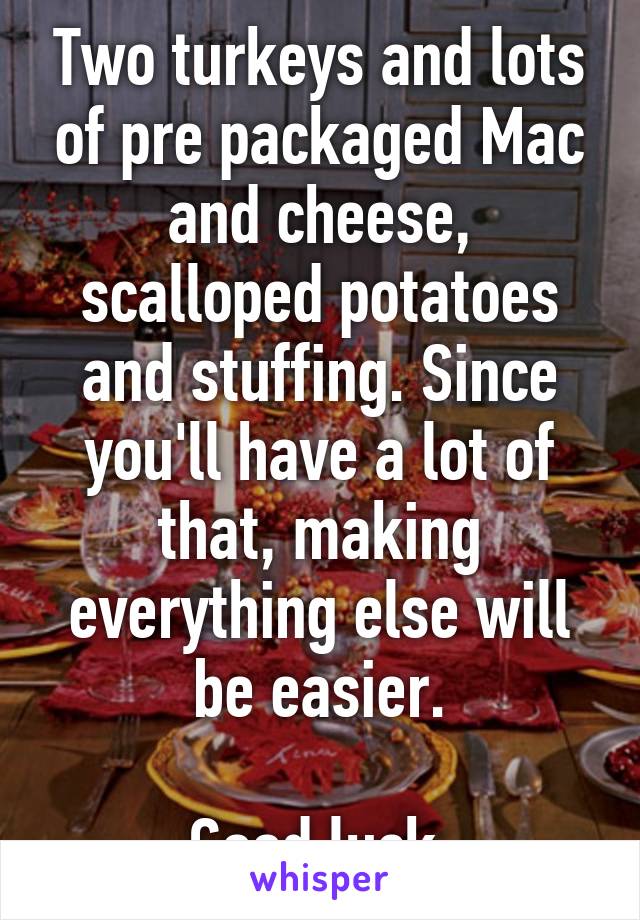 Two turkeys and lots of pre packaged Mac and cheese, scalloped potatoes and stuffing. Since you'll have a lot of that, making everything else will be easier.

Good luck.