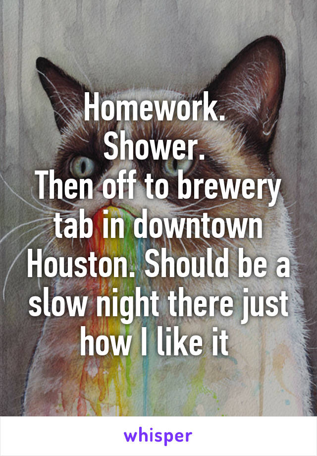 Homework. 
Shower. 
Then off to brewery tab in downtown Houston. Should be a slow night there just how I like it 