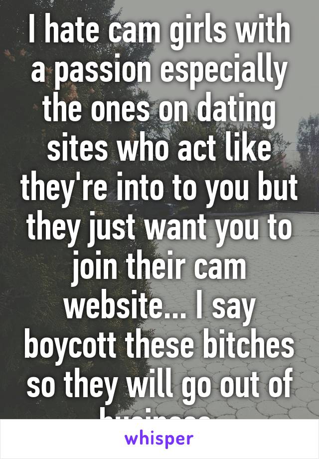 I hate cam girls with a passion especially the ones on dating sites who act like they're into to you but they just want you to join their cam website... I say boycott these bitches so they will go out of business 