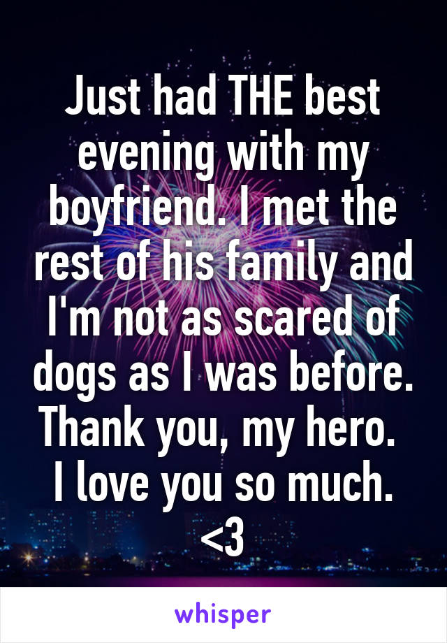 Just had THE best evening with my boyfriend. I met the rest of his family and I'm not as scared of dogs as I was before. Thank you, my hero. 
I love you so much. <3