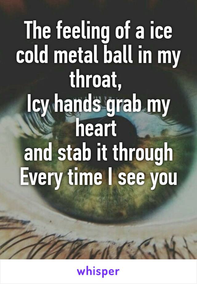 The feeling of a ice cold metal ball in my throat, 
Icy hands grab my heart 
and stab it through
Every time I see you 

