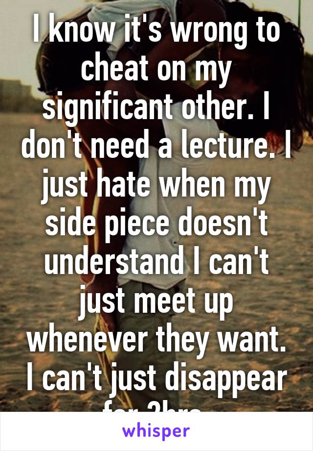 I know it's wrong to cheat on my significant other. I don't need a lecture. I just hate when my side piece doesn't understand I can't just meet up whenever they want. I can't just disappear for 2hrs.