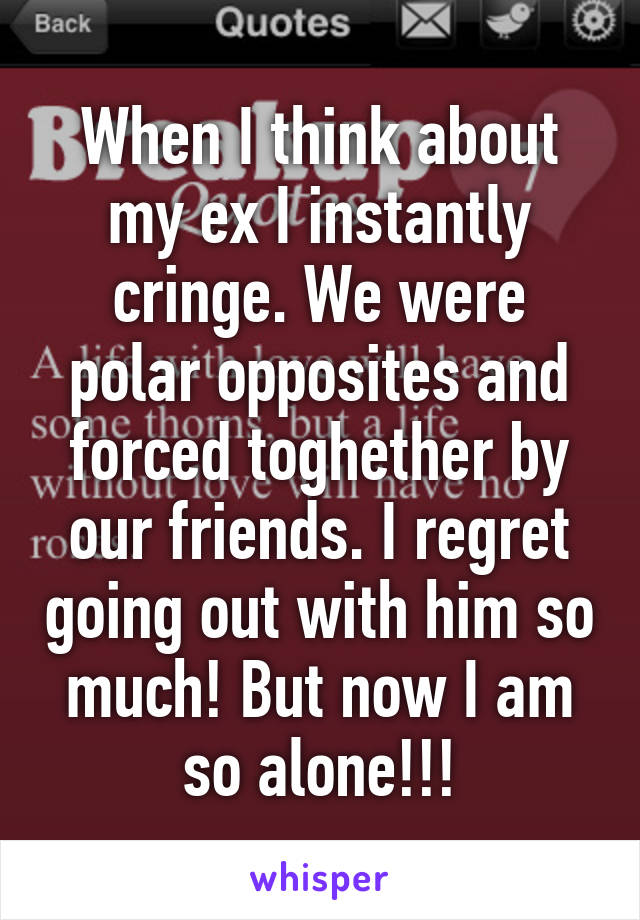 When I think about my ex I instantly cringe. We were polar opposites and forced toghether by our friends. I regret going out with him so much! But now I am so alone!!!