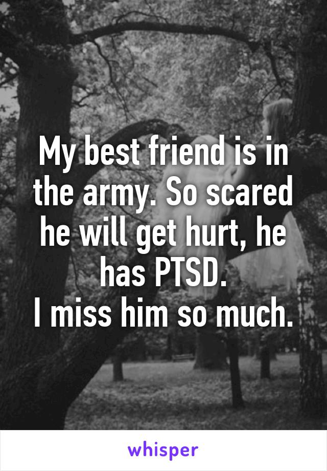 My best friend is in the army. So scared he will get hurt, he has PTSD.
I miss him so much.