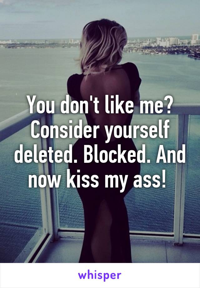 You don't like me? Consider yourself deleted. Blocked. And now kiss my ass! 