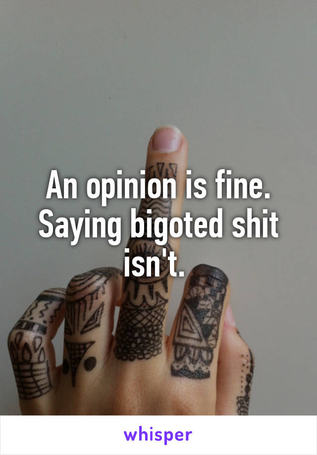 An opinion is fine. Saying bigoted shit isn't. 