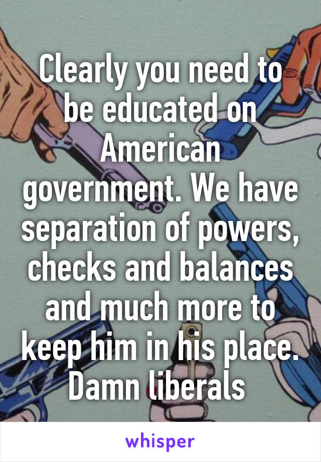 Clearly you need to be educated on American government. We have separation of powers, checks and balances and much more to keep him in his place. Damn liberals 