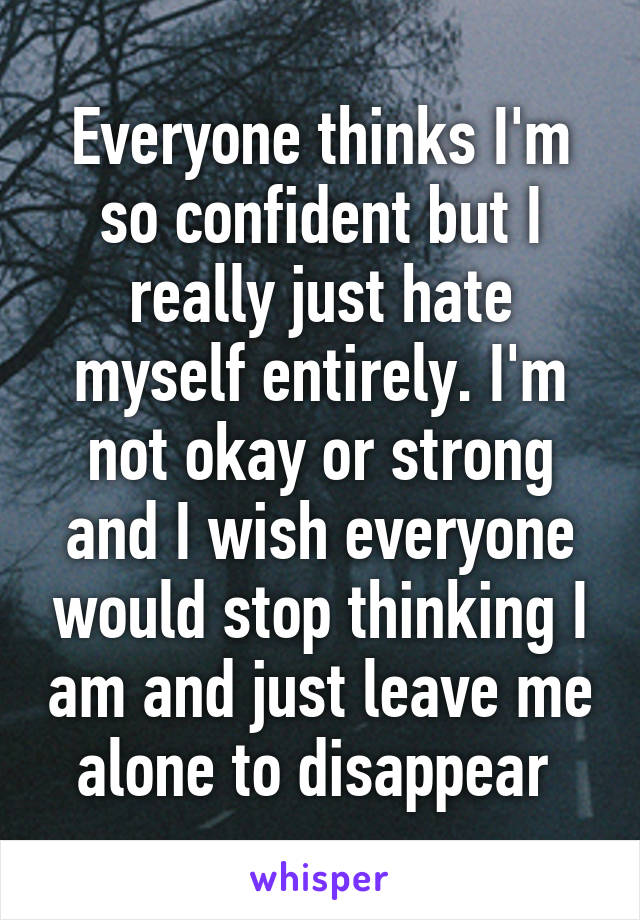 Everyone thinks I'm so confident but I really just hate myself entirely. I'm not okay or strong and I wish everyone would stop thinking I am and just leave me alone to disappear 