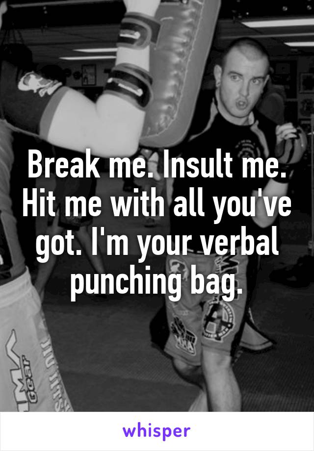 Break me. Insult me. Hit me with all you've got. I'm your verbal punching bag.