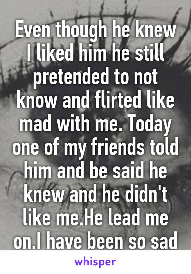 Even though he knew I liked him he still pretended to not know and flirted like mad with me. Today one of my friends told him and be said he knew and he didn't like me.He lead me on.I have been so sad