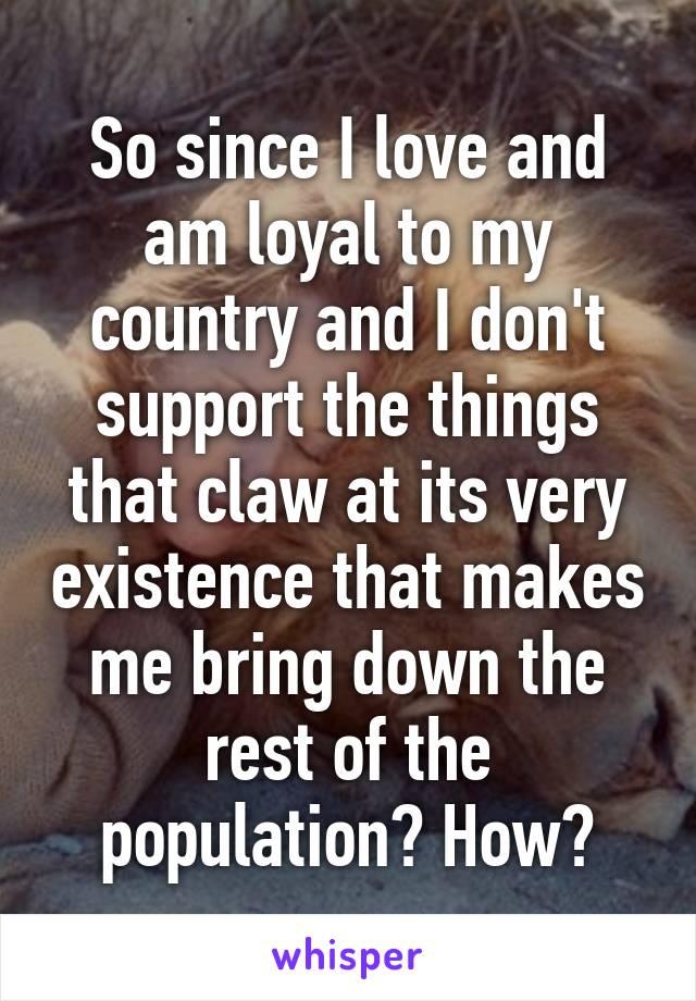 So since I love and am loyal to my country and I don't support the things that claw at its very existence that makes me bring down the rest of the population? How?