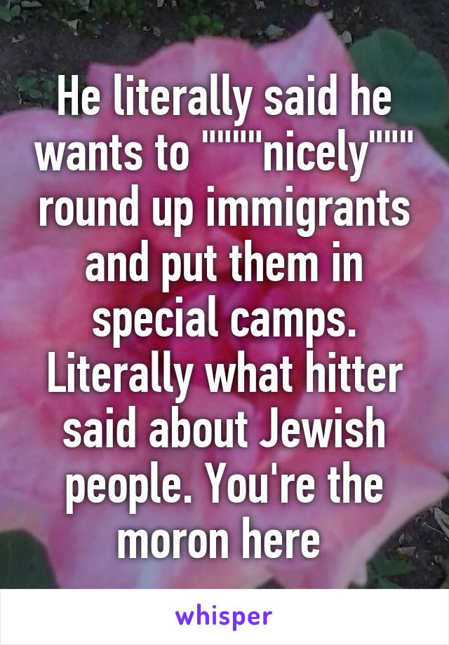 He literally said he wants to """"nicely""" round up immigrants and put them in special camps. Literally what hitter said about Jewish people. You're the moron here 