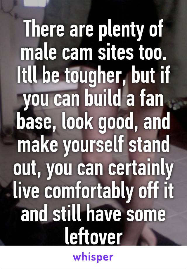 There are plenty of male cam sites too. Itll be tougher, but if you can build a fan base, look good, and make yourself stand out, you can certainly live comfortably off it and still have some leftover